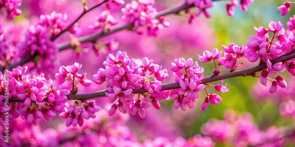 Fototapeta premium Vibrant pink flowers on redbud tree branches, blooming redbud, pink flowering redbud tree spring blossoms