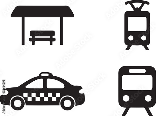 Black icons of public transport and taxi on white background