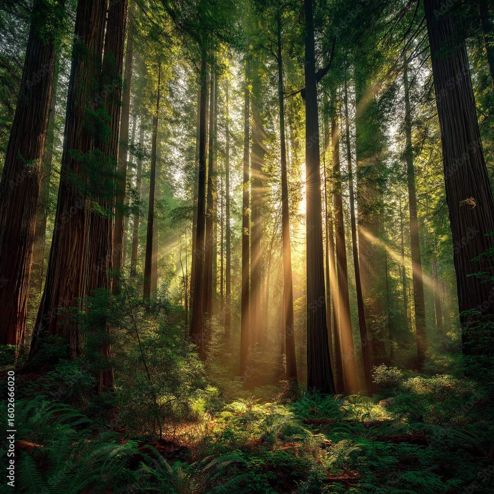 Obraz premium Redwood forest with sunbeams through the canopy at sunset, highly detailed, warm light and rich green tones