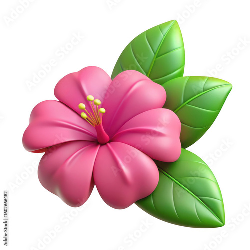 3d pink hibiscus flower with green leaves isolated on transparent background