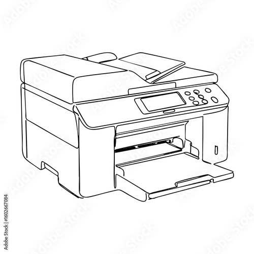 Vector line art of a multifunctional office printer, minimalist black outline drawing showing modern device with paper tray and control panel.