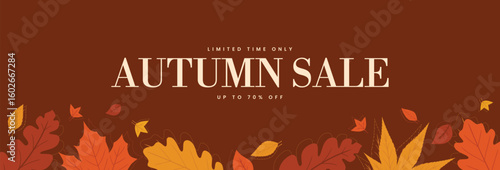Autumn sale promotion banner. Autumn special offer background with leaves. Fall seasonal sale discount. Vector illustration