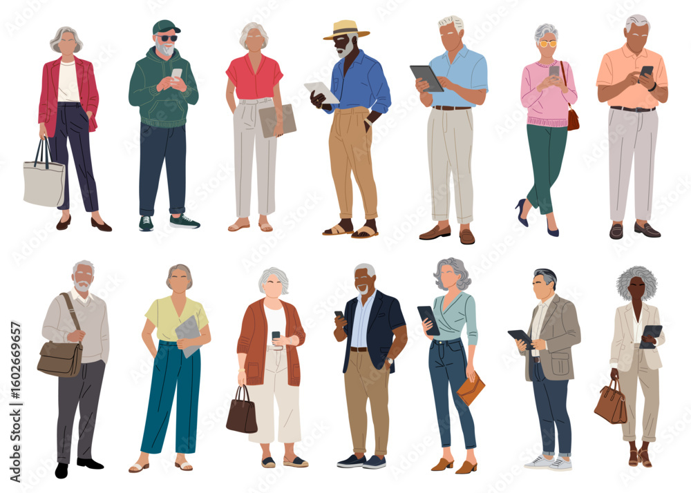 Obraz premium Set of different senior business people standing in smart casual office outfits. Aged men, women with smartphone, tablet, bag. Vector realistic illustrations isolated on transparent background