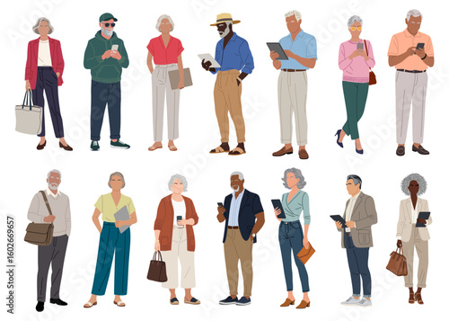 Set of different senior business people standing in smart casual office outfits. Aged men, women with smartphone, tablet, bag. Vector realistic illustrations isolated on transparent background