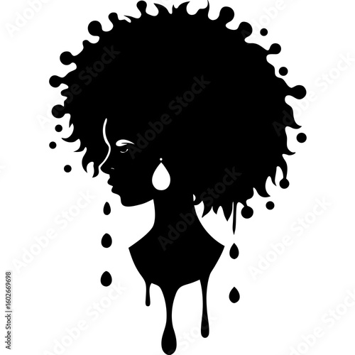 Silhouette of a woman with afro hair and dripping paint vector illustration