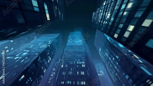 Towering modern skyscrapers ascend into the dark urban night, their myriad glowing brightly.