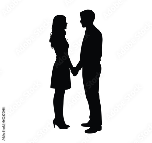 Couple holding hands facing each other silhouette black and white