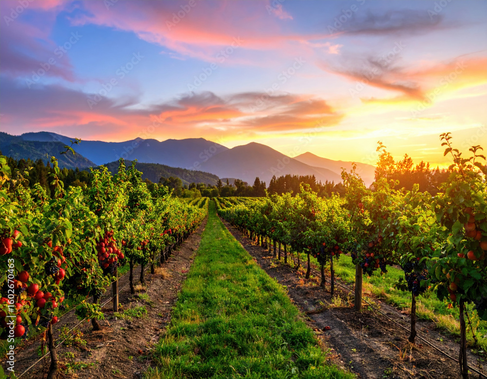 Fototapeta premium Picturesque vineyard landscape sunset, showcasing rows of grapevines laden with ripe fruit. vibrant sky transitions from orange to purple, with mountains background, creating serene and tranquil