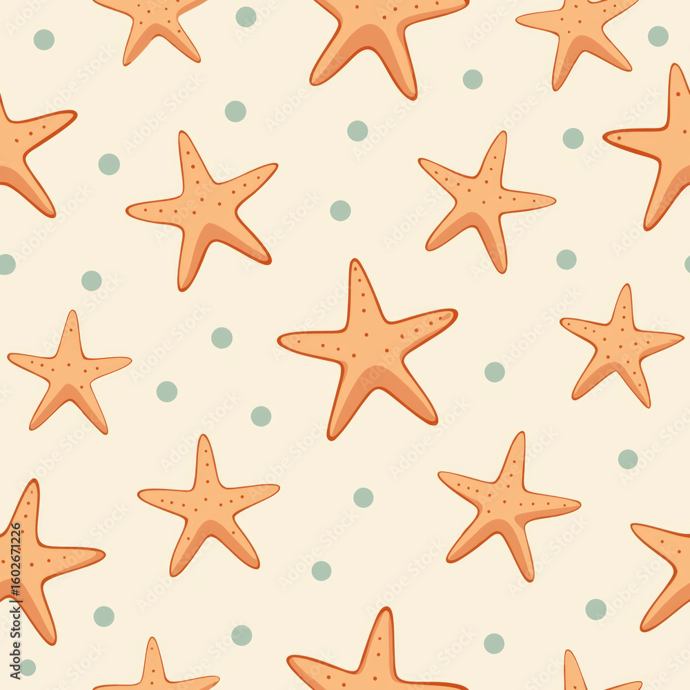 Colorful starfish create a lively marine pattern on a light background, complemented by playful dots. Ideal for beach-themed textiles, wallpapers, or decor Colorful starfish create a lively marine pattern on a light background, complemented by playful dots. Ideal for beach-themed textiles, wallpapers, or decor