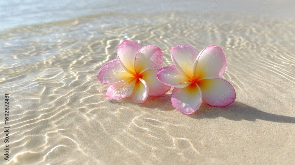 Fototapeta premium Two delicate plumeria flowers resting on a sandy beach.