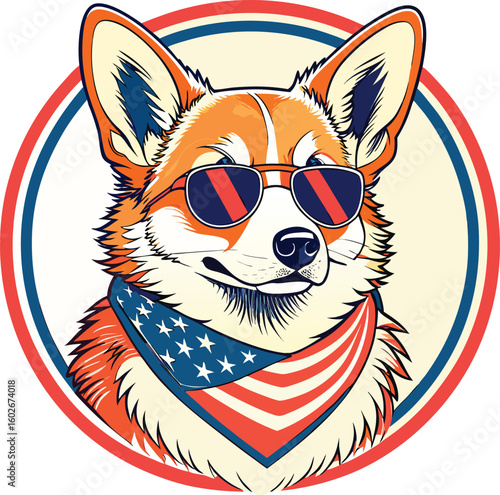 Cool corgi dog wearing sunglasses and american flag bandana