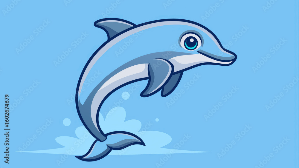 Fototapeta premium A playful dolphin is jumping through the air, leaving a splash in the vibrant blue sea. This flat vector illustration captures the animal's lively spirit and ocean environment beautifully