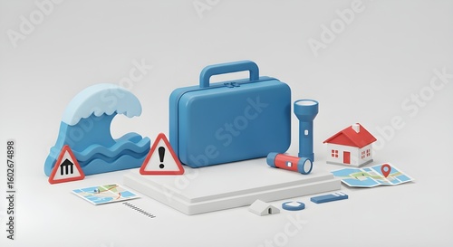 Emergency preparedness concept for natural disasters. A survival kit for tsunami or flood evacuation with essential supplies.