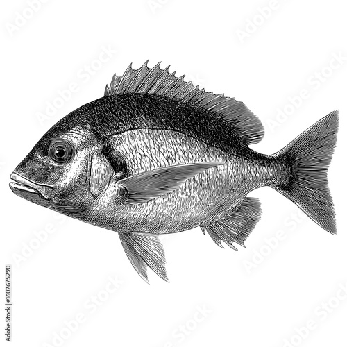 The interior of a grocery store's seafood and fish shop is depicted in a modern black and white illustration