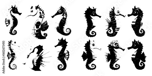 Hippocampus and other underwater fish are featured in a modern cartoon icon set as part of a seahorse collection isolated on white