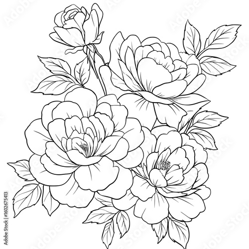 Vintage flower borders are beautifully created with modern botanical drawings of peonies and roses