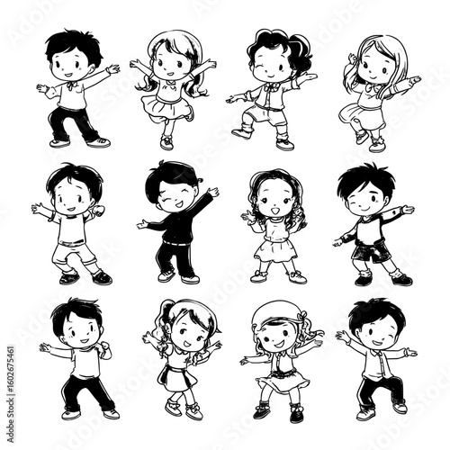 Boys and girls dancing together in a happy and carefree manner, jumping and moving their bodies to the rhythm, shaking their hips and enjoying their childhood in a cute and cartoonish way, with
