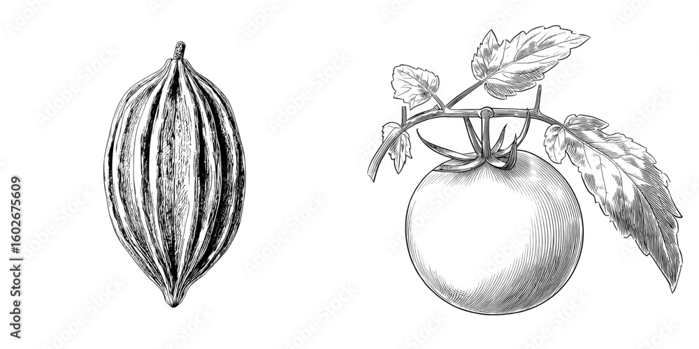 Fototapeta premium A modern sketch illustration of melon graphic plant in black and white isolated