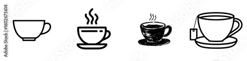 Icon of a teacup in black isolated outline on a white background, represented as a line icon