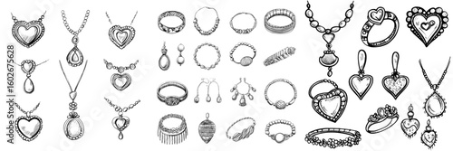 A set of diverse jewelry has been hand drawn, presented in a modern sketch style illustration