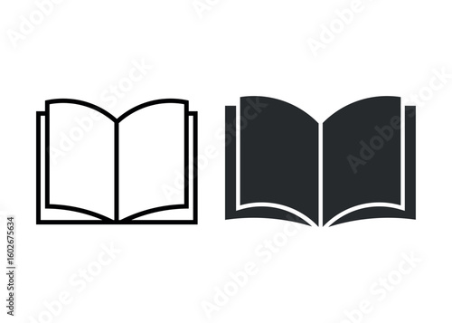 Vector icons of an open book in minimalist outline and filled design, perfect for educational and reading-related themes. Flat silhouette and line version for use in apps, websites, or print media.
