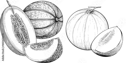 Modern sketch illustration of a melon fruit in black and white isolated set