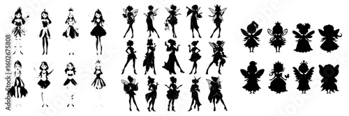 A modern fairy girl with a beautiful and cute style is represented by the silhouette of a princess, in a cartoon fairyland of little fashion, magic fantasy costume, and fairytale, adorned with a