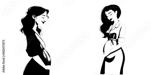 Modern illustration presents a cute and colorful image of a pregnant brown-haired woman in an orange dress, all set against a plain white background