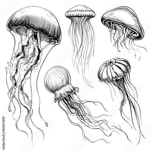A modern graphic set containing an isolated sketch illustration of jellyfish in black and white