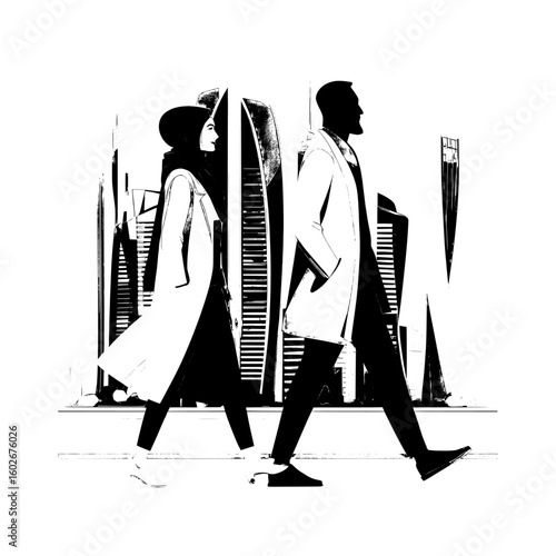 An Arab couple is walking in front of a modern Dubai building, representing a business travel concept with silhouettes of a female and male in a cartoon character style, horizontal and flat, with