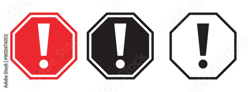 Collection of danger and attention warning signs featuring exclamation marks and hazard symbols