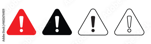 Collection of three distinct danger and attention warning signs featuring exclamation marks and hazard symbols