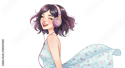 Cheerful anime-style illustration of a young woman smiling with joy while listening to music on colorful headphones.