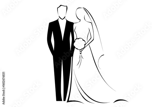 The illustration depicts a continuous line drawing of a joyful groom and bride standing at their wedding