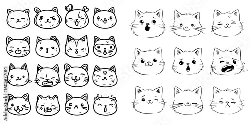 The collection includes cute cartoon kawaii characters, specifically cat icons, with round heads and a range of emotions on a white background, presented in a flat design and isolated