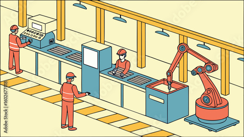 Isometric view of factory floor with workers operating machines and robotic arm in production line