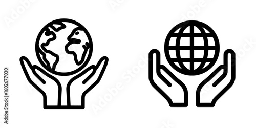 A white background features an isolated black outline icon depicting the earth in hands, symbolizing care and protection to save the planet