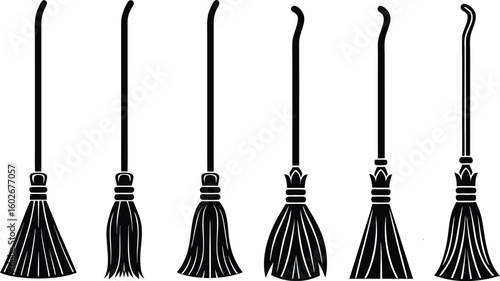 Set of six silhouette witch brooms in a row on white background