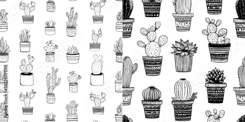 The design consists of a seamless pattern with hand-drawn cacti placed in pots, blended with modern elements