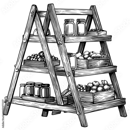 Modern illustration of a grocery store with black and white isolated sketches of shelves that can hold food