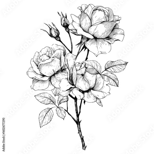 This creative graphic art piece presents a bouquet of roses as a detailed vintage botanical illustration, hand-drawn in a sketch style, with a floral black silhouette isolated on a white background,