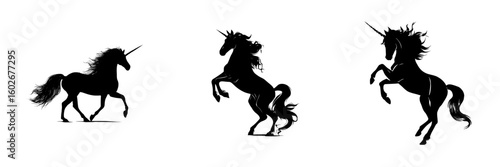 The silhouette of a unicorn, in black, is isolated on a white background in this modern illustration of mythological animals