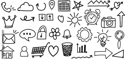 Trendy hand-drawn doodle icon pack with playful symbols like camera, gear, chat, graph, heart, lightbulb—perfect for modern apps, social media, infographics, journals, and digital planners.