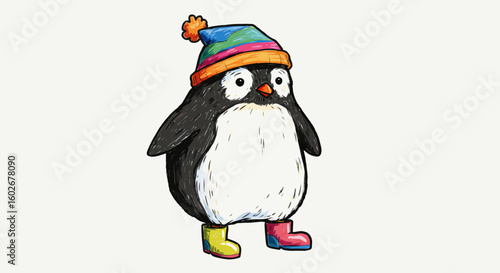 Drawn with thick crayons, Adorable cartoon penguin dressed in a cozy winter hat and colorful boots, perfect for festive and seasonal designs
