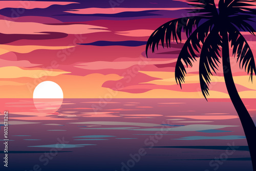 Tropical Sunset with Palm Tree Silhouette and Colorful Cloudy Sky Illustration
