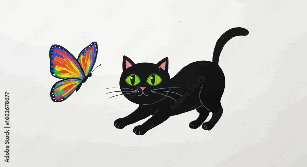 Obraz premium Drawn with thick crayons, A playful black cat with bright green eyes pounces towards a vibrant, colorful butterfly. Simple cartoon illustration on an isolated background.