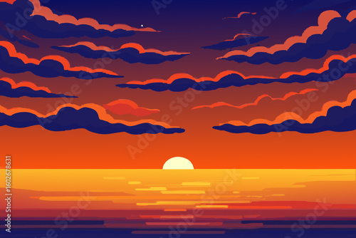 Vibrant sunset over ocean with dark clouds and bright sun illustration