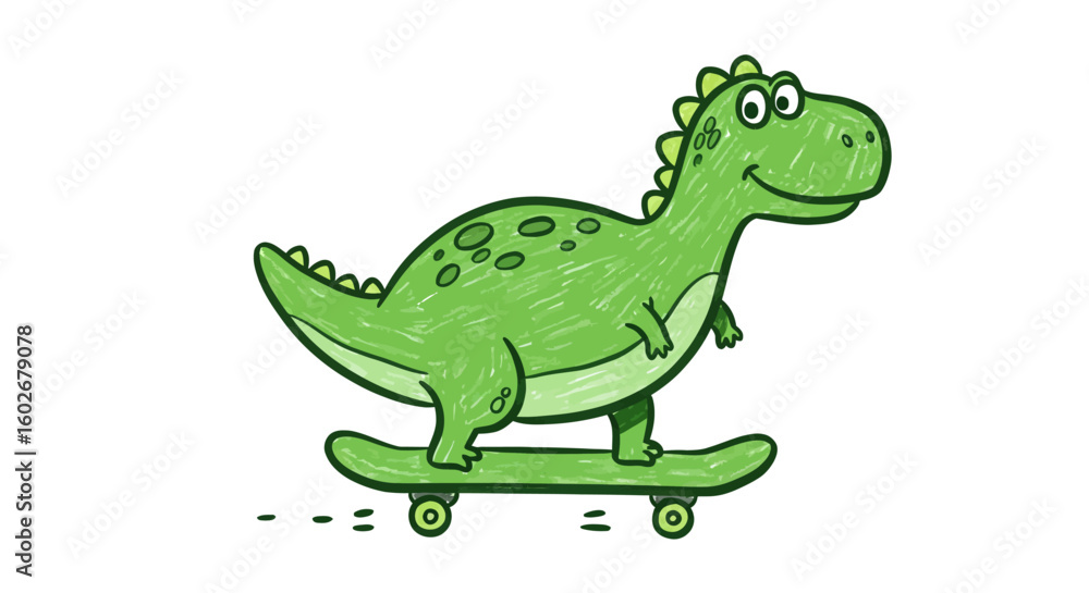 Fototapeta premium Drawn with thick crayons, Playful Dinosaur Rides a Skateboard A Whimsical Illustration