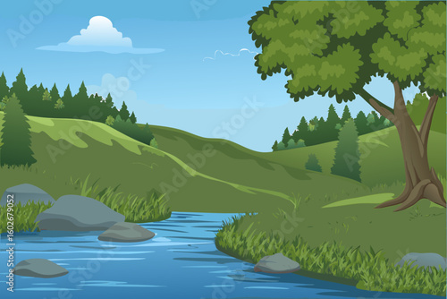 Cartoon landscape with river hills trees rocks and blue sky background