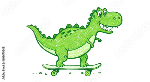 Drawn with thick crayons, A cool green dinosaur character happily riding a skateboard. Fun hand-drawn cartoon sketch illustration on a white background.